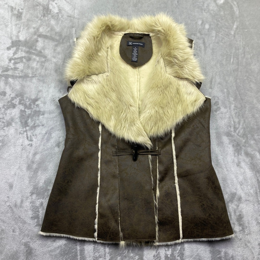 INC Night Moss Women Faux Fur Collar Vest Brown S Faux Suede Lined Boho Western